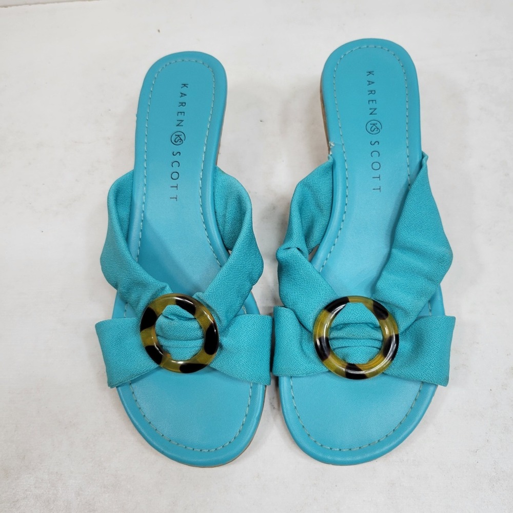 Karen Scott Turquoise Slide Sandals Women's 6.5M Tortoise Buckle Flats Trendy - Picture 3 of 8